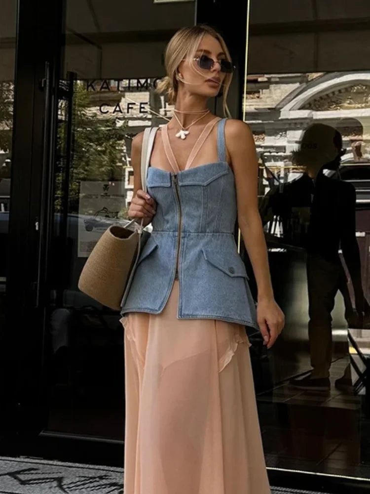 Sleeveless Sling Denim Vest Street Zippers Backless Off Shoulder Pocket Women Tank Top 2026 New Spring Summer Lady Crop Tops