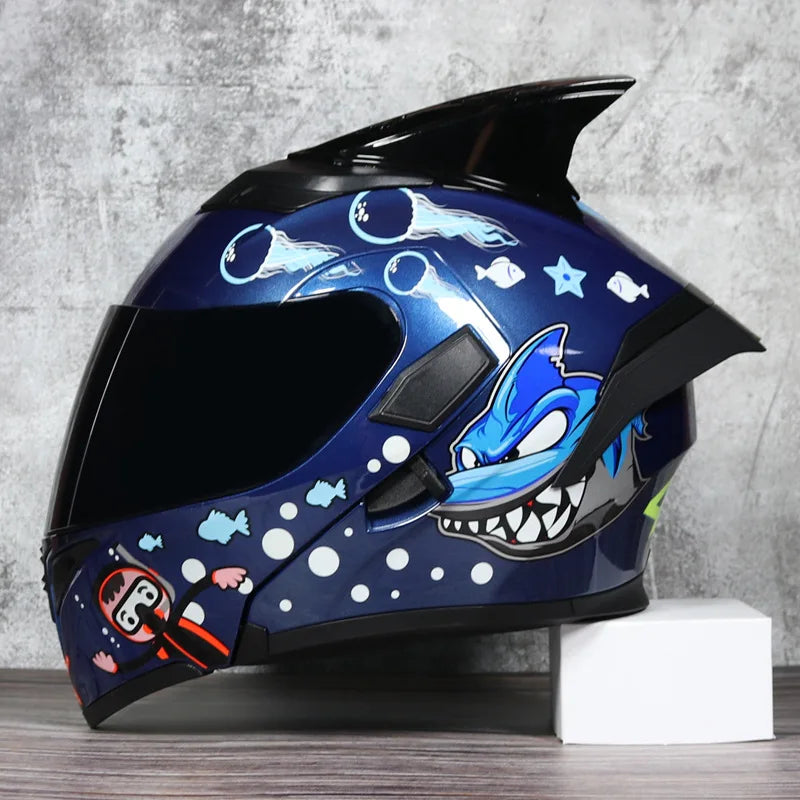 JIEKAI Motorcycle Flip Up Helmet Personality Horn Tail Motorbike Motocross Shark Moto Helmet Technology Design Full Face Casco