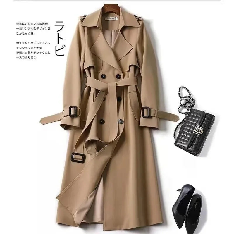 Long Trench Coat Women Lace Up Button Coats Full Sleeve Turn Down Collar Splice Jackets Solid Pockets Office Lady Streetwear