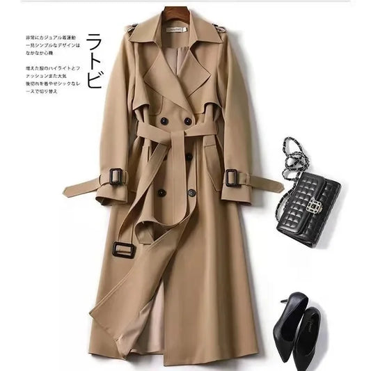 Long Trench Coat Women Lace Up Button Coats Full Sleeve Turn Down Collar Splice Jackets Solid Pockets Office Lady Streetwear