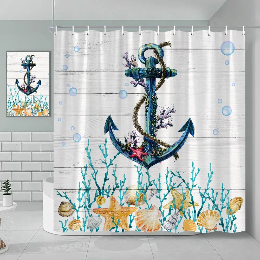 Nautical Green Sea Turtle Beach Theme Fabric Shower Curtain Set Bathroom Blue Ocean Decor with Grommets and Hooks