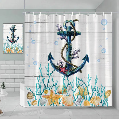 Nautical Green Sea Turtle Beach Theme Fabric Shower Curtain Set Bathroom Blue Ocean Decor with Grommets and Hooks