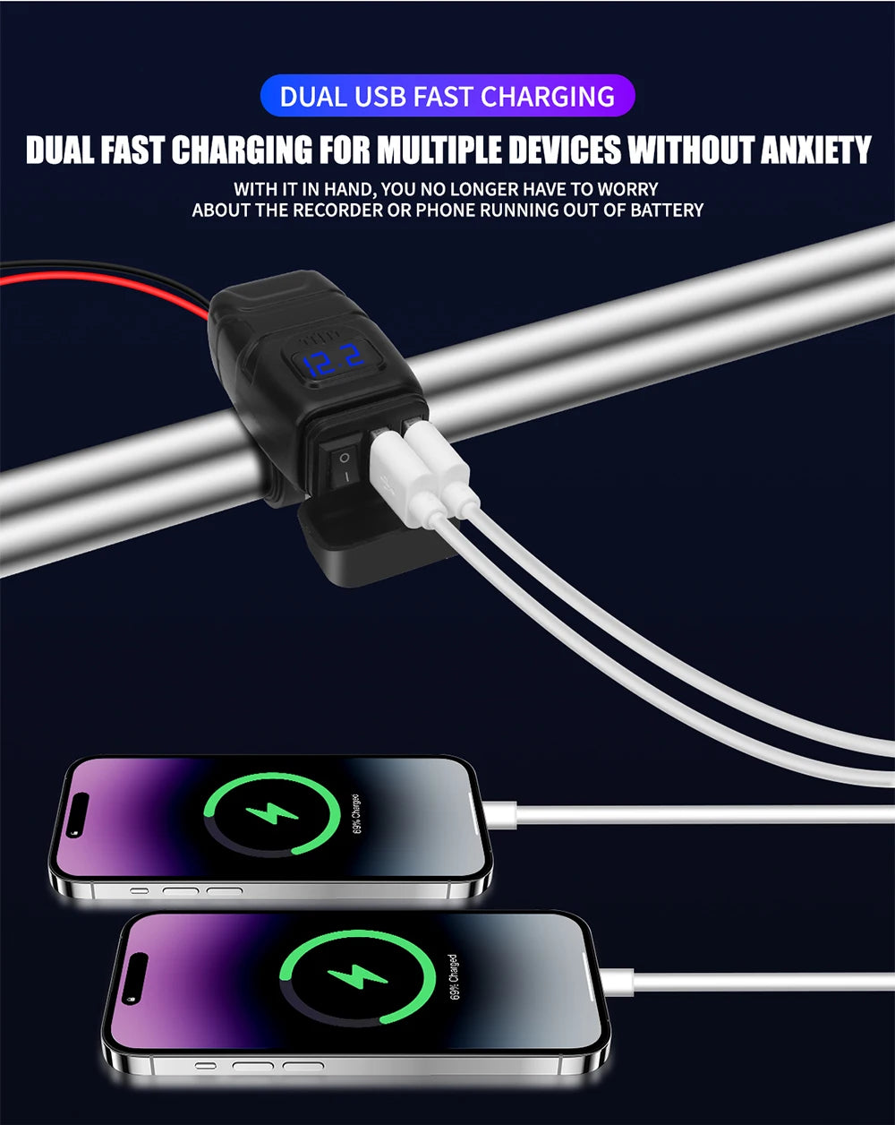 1x Motorcycle Dual USB Socket QC3.0 Fast Charger 60W Handle Style with Switch Voltmeter Waterproof 12V Power Supply Adapter Kit