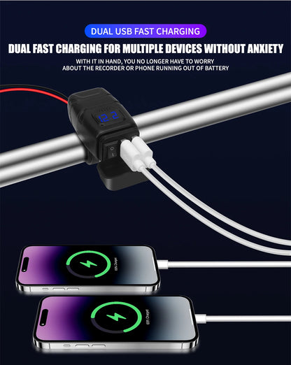 1x Motorcycle Dual USB Socket QC3.0 Fast Charger 60W Handle Style with Switch Voltmeter Waterproof 12V Power Supply Adapter Kit