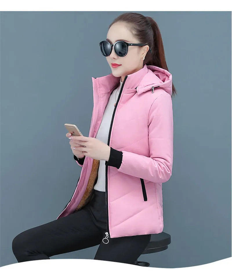 2025 New Women Add Velvet Cotton Jacket Female Winter Fleece Warm Hood Fashion Coat Ladies Down Padded Jackets M- 5XL Coat