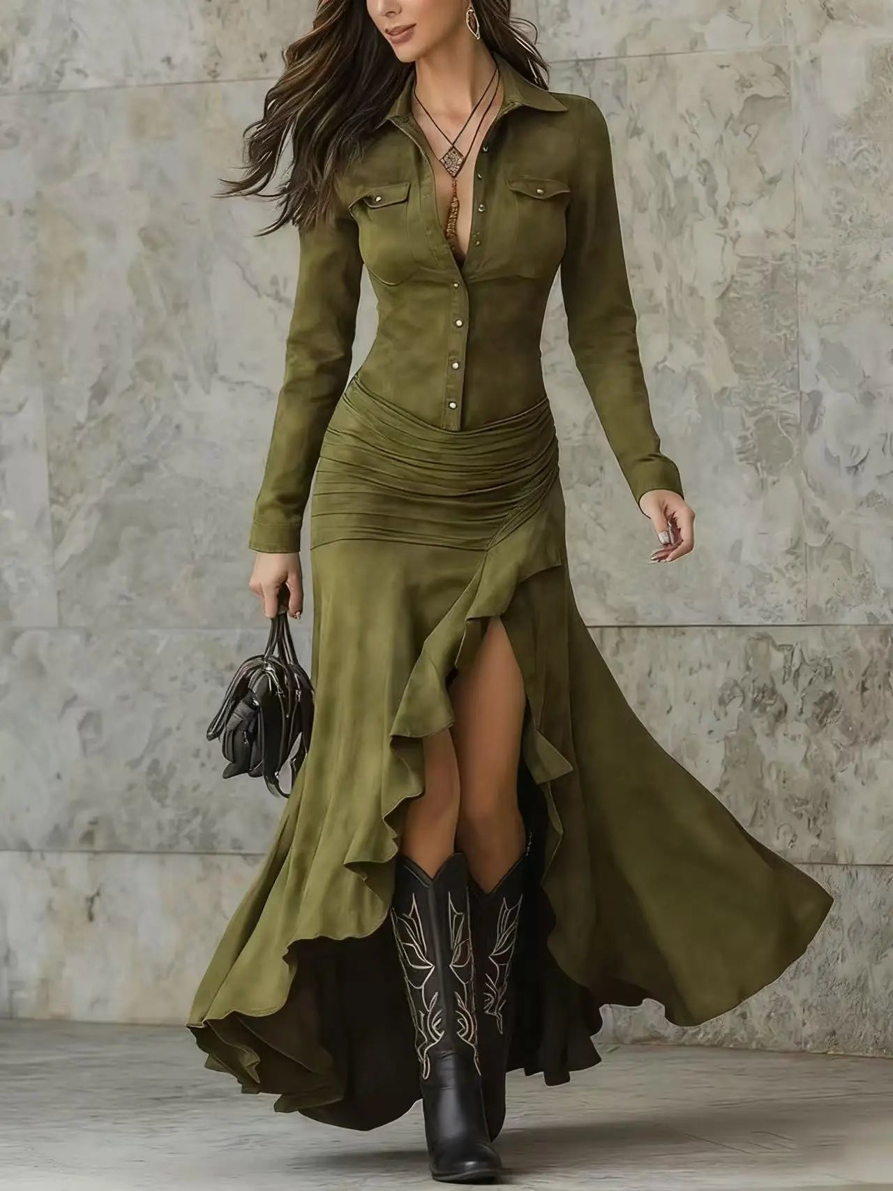 Lapel Long Sleeve Suede Party Dress Elegant Split Solid Slim Single-breasted Long Dress Women Fashion Pocket Ruffles Maxi Dress