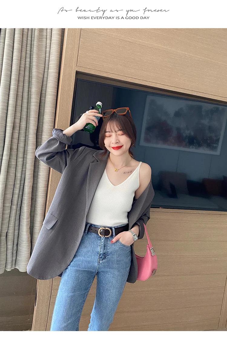 Korea Summer Tops 2026 New Solid V-Neck Elastic Knitted Suspender Camis Women's Tanks Clothing Basics Shirt