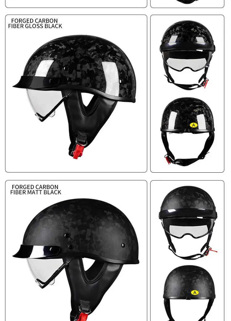    Best Seller Carbon Fiber Retro Motorcycle Half Face Helmet with Comfortable Lining Protective Goggles Helmet Factory Wholesale