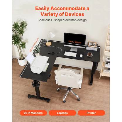 SucceBuy L Shaped Desk Electric Adjustable Height Corner Gaming Desk with Dual Hooks and Wheels for Home Office Easy to Assemble