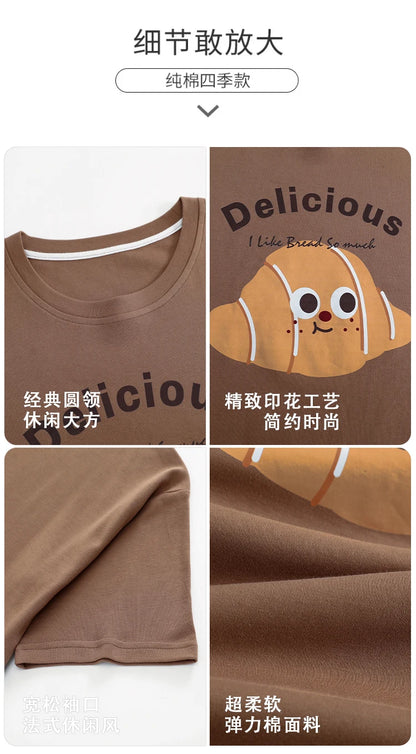 100% Pure Cotton Women Pajamas Summer Cartoon Print Pijamas Girls Nightwear Homewear Short Sleeve Sleepwear O-neck Loungewear