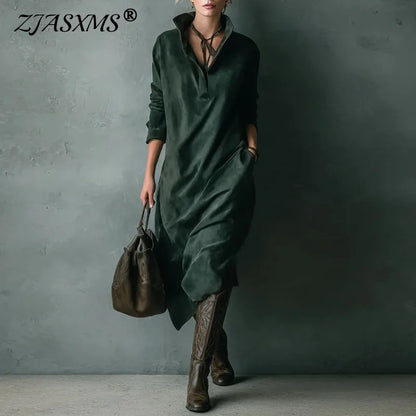 Vintage Solid Suede Female Clothing Autumn Fashion Turn-down Collar Button Pullover Dress Winter Long Sleeve Woman Party Dresses