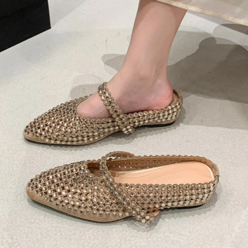 Crystal Women's Pointed Toe Slippers Luxury Flats Sandals Casual Mules Shoes Cozy New Trend Slides Fashion Dress Mujer Zapatos