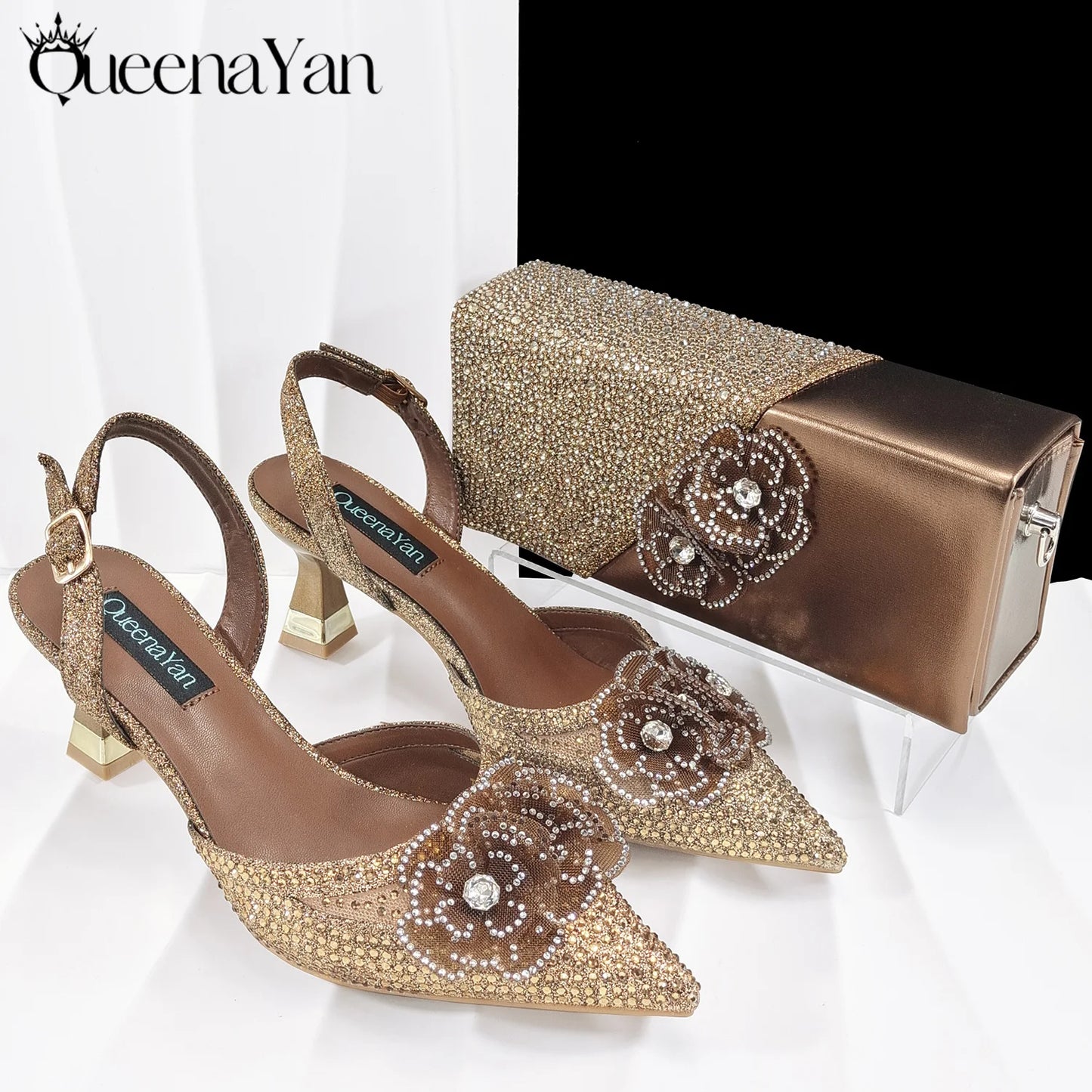 QueenaYan 2026 Elegant Silver Pointed-Toe High Heels Shoes with Diamond Accents & Matching Bag - Ideal for Party Elegance