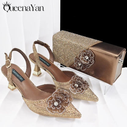 QueenaYan 2026 Elegant Silver Pointed-Toe High Heels Shoes with Diamond Accents & Matching Bag - Ideal for Party Elegance