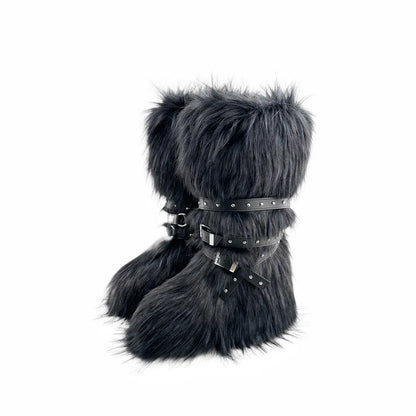 Faux Fur Knee-High Boot Round Toe Height Increasing Wild Winter Warmer Belt Buckle Slip-On Fashion Luxury Sexy Women Shoe Newest