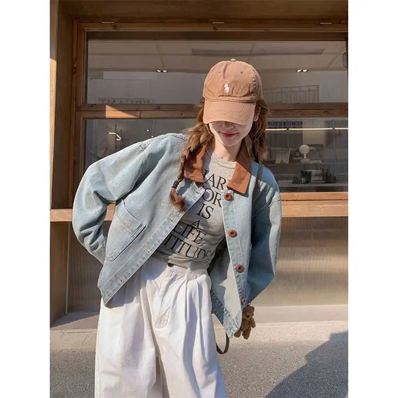 Women Clothing Autumn Fashion Korean Button Color Blocking Polo Collar Female All-match Fashionable Pocket Appear Thin Cardigan
