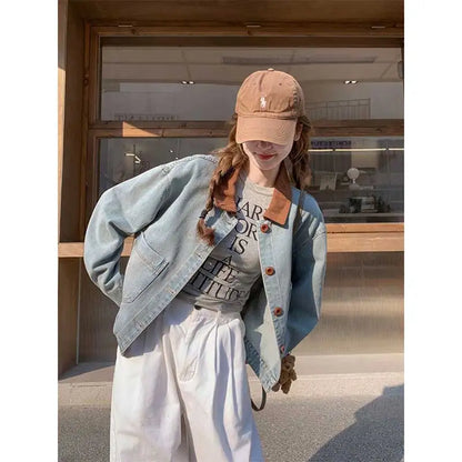 Women Clothing Autumn Fashion Korean Button Color Blocking Polo Collar Female All-match Fashionable Pocket Appear Thin Cardigan