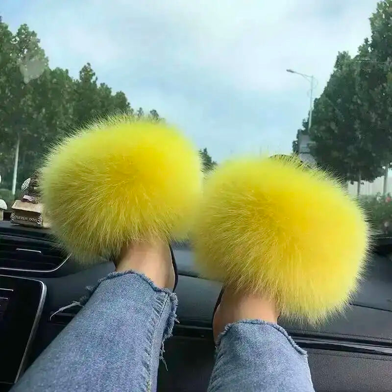 Fur Slippers Women Summer Fluffy Plush Casual Fluffy Flat Non-Slip Real Fox Fur Slides Outdoor Flat Ladies Sandals Flip Flops