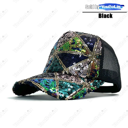 Summer Shiny Sequin Back Mesh Adjustable Cotton Baseball Cap Sun Hat