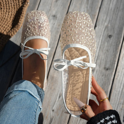 Plus Size 43 Women Fashion Ballet Flats Breathable Laces Square Toe Spring Summer Flat Shoes For Female Daily Walking Loafers