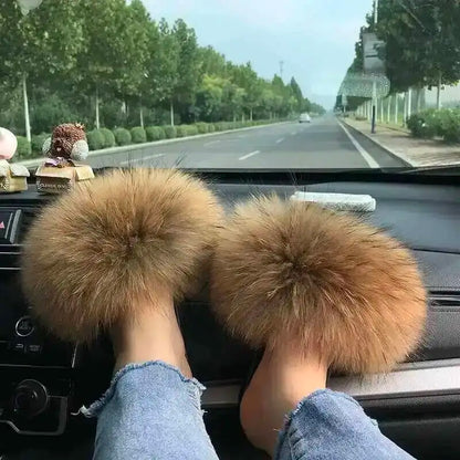 Fur Slippers Women Summer Fluffy Plush Casual Fluffy Flat Non-Slip Real Fox Fur Slides Outdoor Flat Ladies Sandals Flip Flops