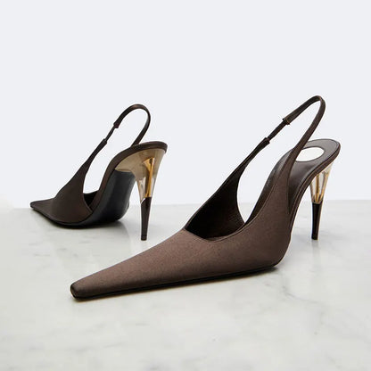 Women Satin Pointed‑Toe Stiletto Pumps with Clear Heel, Elegant Back Strap Dress Heels for Formal Dating Club Occasions