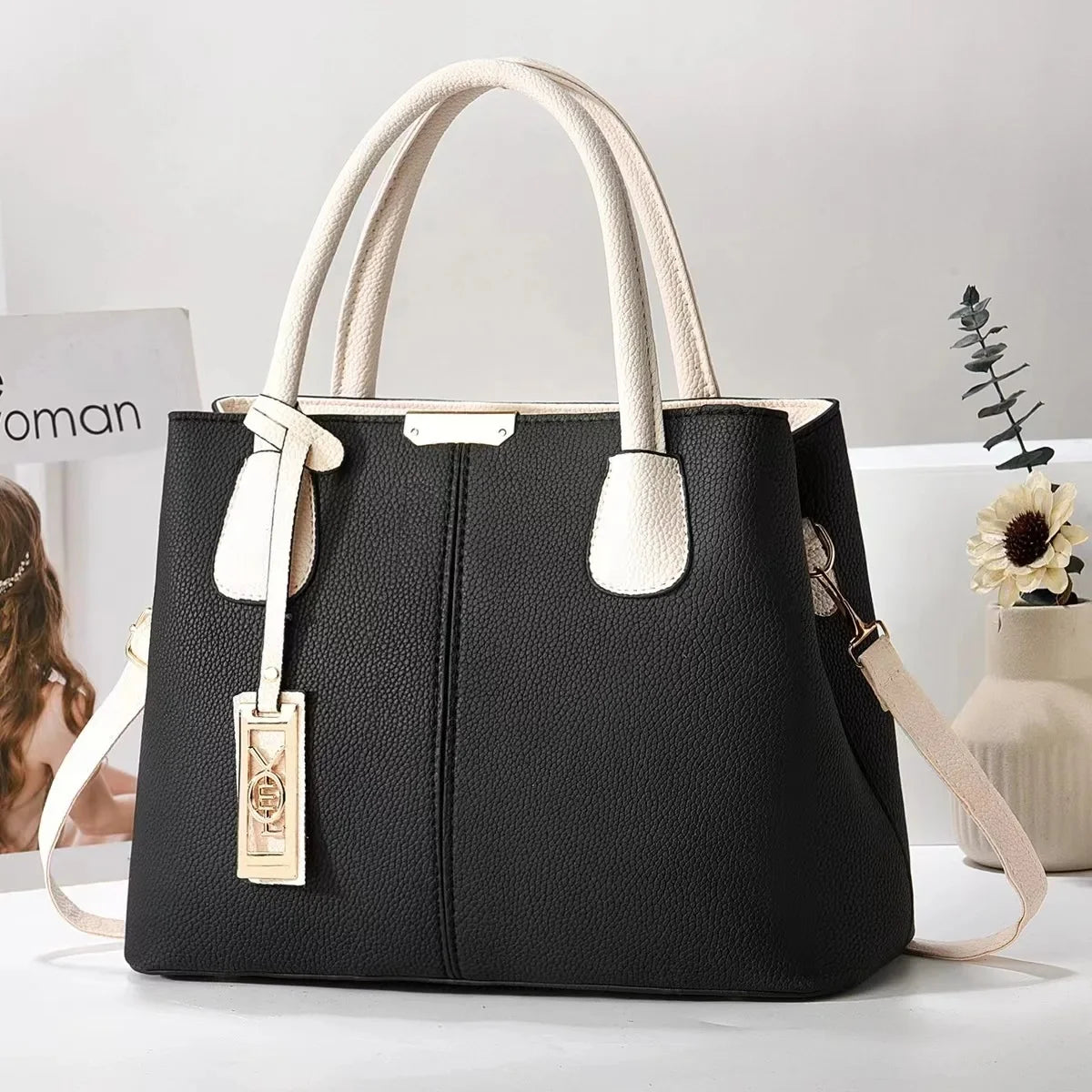 Simple Women's PU Leather Shoulder Bag Large Capacity Handbag Wire Tag Hanging Bag Square Shape Soft Handbags with Zipper