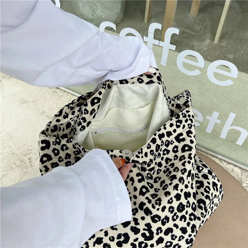 Women's Shoulder Bags Leopard Print Flower Fashionable Trendy Canvas Cross Bags Large Capacity Portable Shopping Shoulder Bags