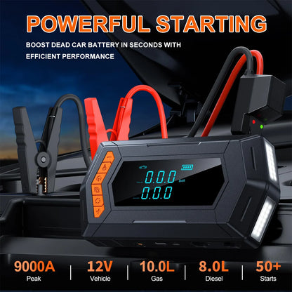 Jump Starter Air Compressor with Power Bank Portable 9000A Battery Booster 150PSI Tire Inflator 12V Car Starting Device