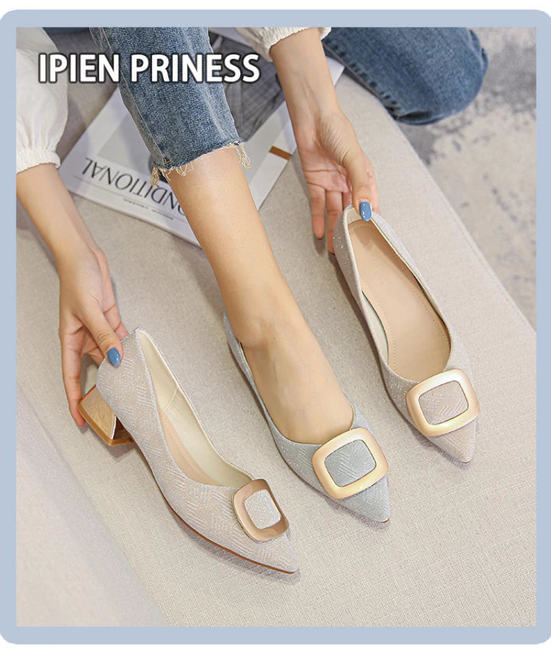 Womens Light Blue Glitter Pointed Toe Block Heel Pumps With Gold Square Buckle Detail Metallic Heel Elegant Dress Shoes Ladies