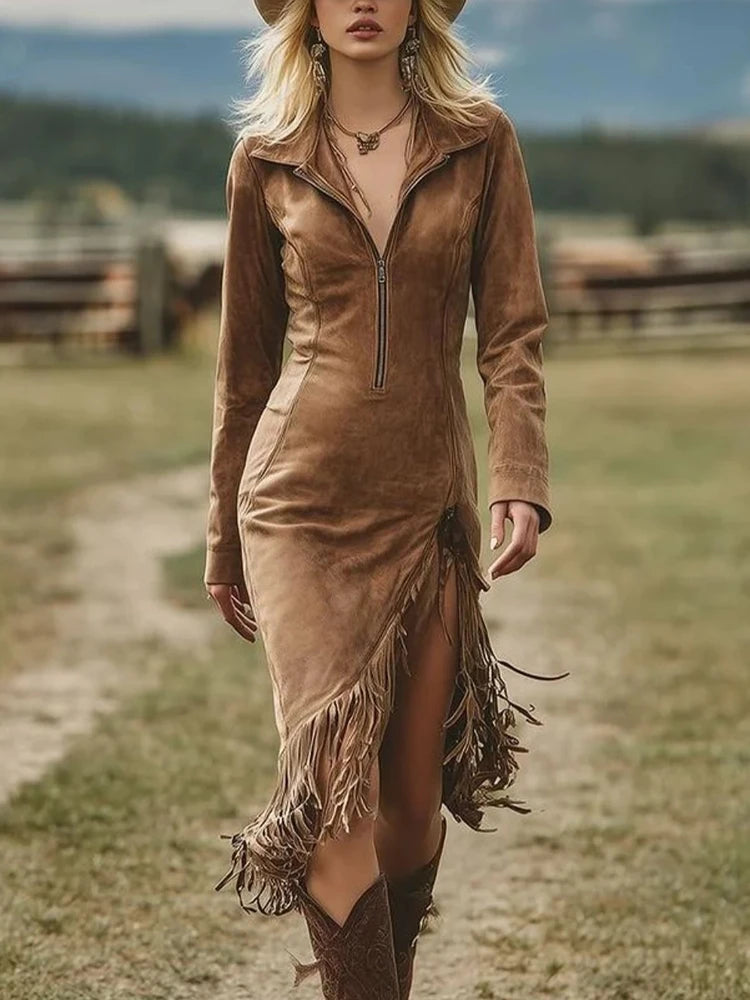 Western Retro Solid Suede Slit Tassel Dresses Woman Turn-down Collar Zipper Slim Hips Dress New Fall Long Sleeve Irregular Dress