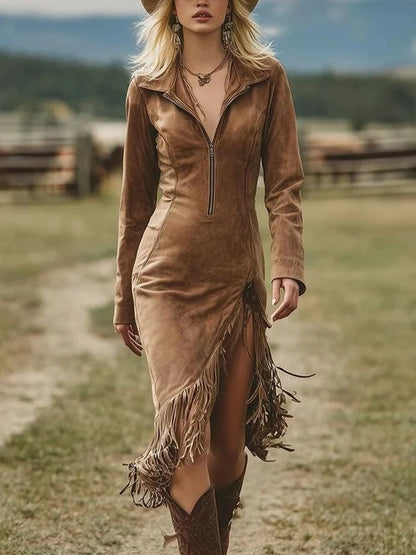Western Retro Solid Suede Slit Tassel Dresses Woman Turn-down Collar Zipper Slim Hips Dress New Fall Long Sleeve Irregular Dress