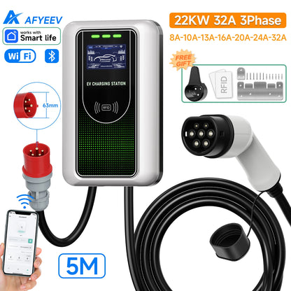 AFYEEV Type2 EV Charger 32A 7.6KW Charging Station Car Charger 11KW 22KW 3Phase EVSE Wallbox APP Bluetooth WiFi Remote Control