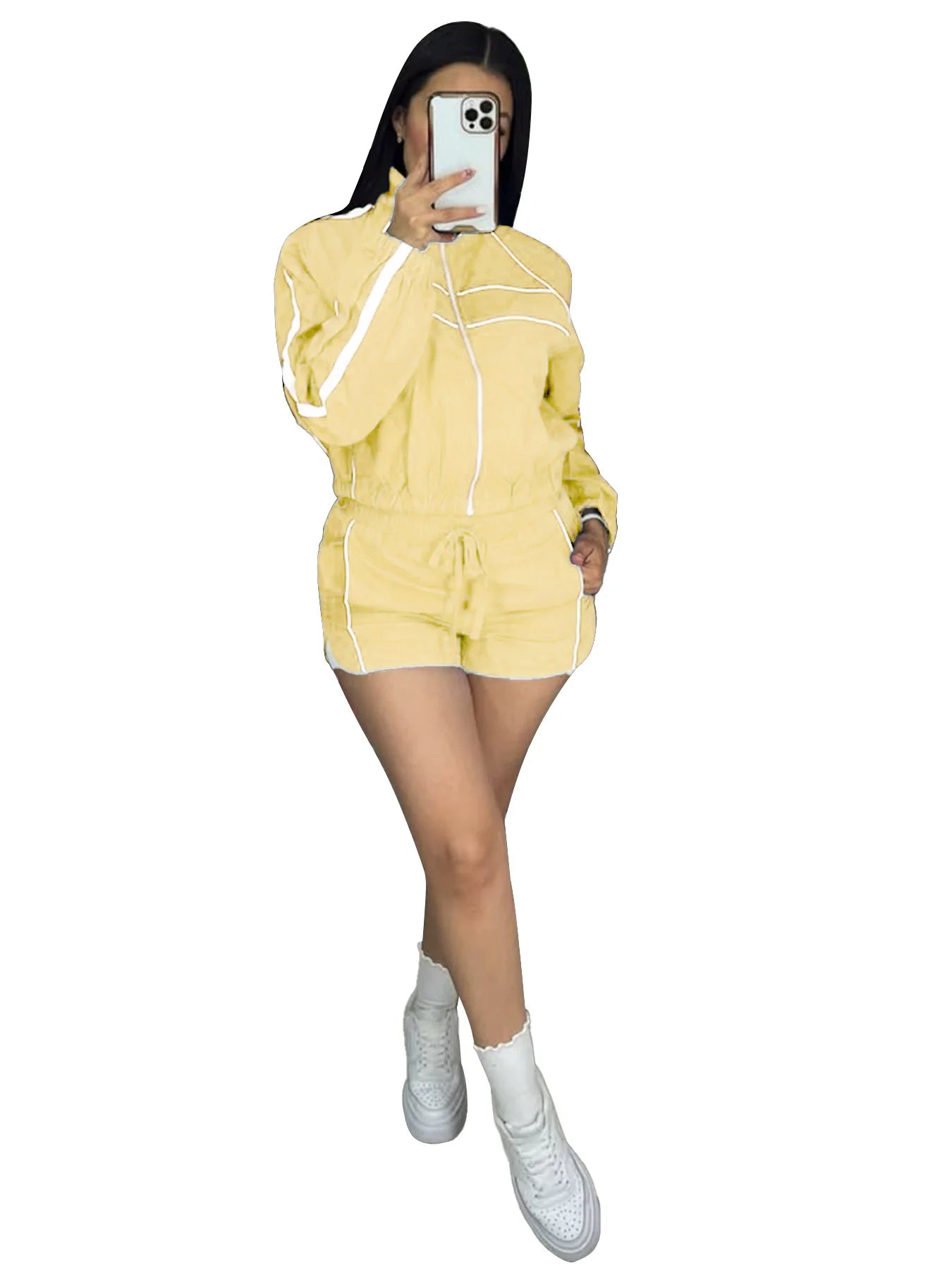 CM.YAYA Women's Set Long Sleeve Jacket + Shorts Suit 2025 Summer Streetwear Active Slim Sporty Two 2 Piece Set Outfit Tracksuit