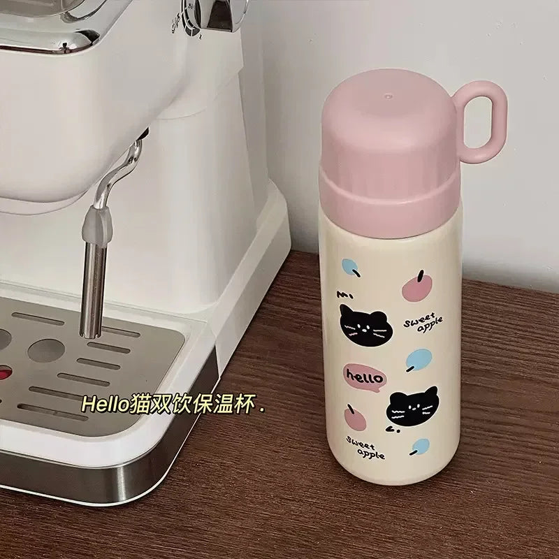500ml Cartoon Stainless Steel Portable Thermos Cup,Cute Student Water Cup,Outdoor One Cover Dual-use Cup Vacuum Insulated Bottle