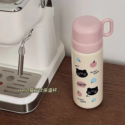 500ml Cartoon Stainless Steel Portable Thermos Cup,Cute Student Water Cup,Outdoor One Cover Dual-use Cup Vacuum Insulated Bottle