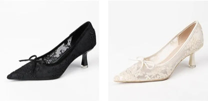 Pumps Women's 2026 Spring New Lace Pointed Bow Mesh Fine Heel Light Mouth Solid Color Temperament Elegant Banquet Women's Shoes