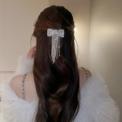 Rhinestone Bow Fringe Hairpin for Women Fashion Temperament Hair Clip Korean Light Luxury Hair Accessories Gold Silver Color