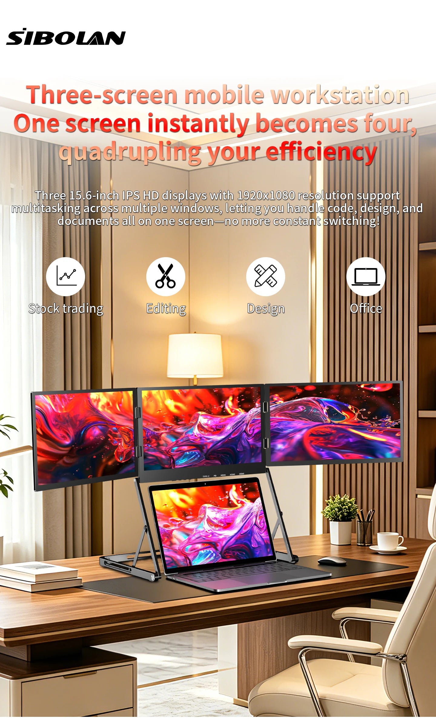 SIBOLAN 16 Inch Triple Screen Foldable Extender Display 2.5k/1080P IPS All-Metal Adjustable Stand USB C for MAC Laptop Travel