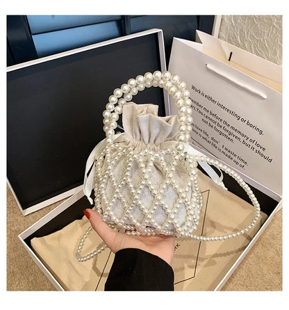 Women Pearl Bag Small Mini Tote Bucket Bag Woven Crossbody Hand Bags for Women Coin Purse Wallet Handbag Ladies Shoulder Bags