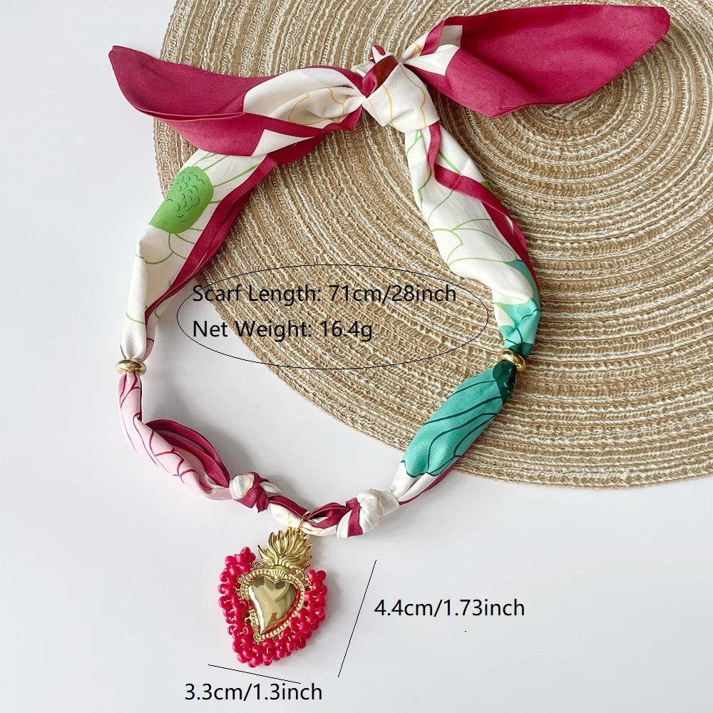 Women’s Fashion Scarf Necklace with Large Stainless Steel Heart Pendant Stackable Bandana Jewelry