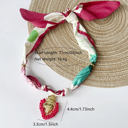 Women’s Fashion Scarf Necklace with Large Stainless Steel Heart Pendant Stackable Bandana Jewelry
