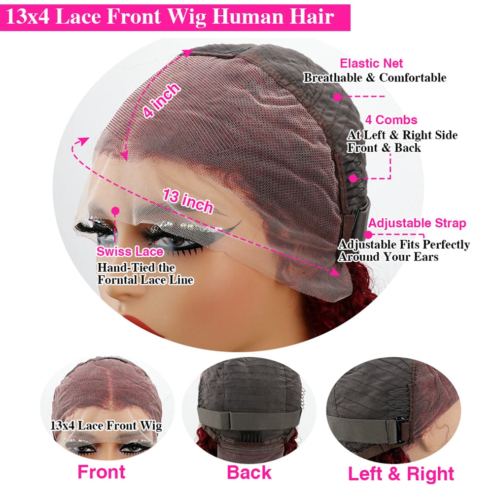220% Straight Short Bob Human Hair Wig 13x4 Bone Straight Lace Frontal Wigs Burgundy 99J Lace Front Wig For Women 12 14 Inch
