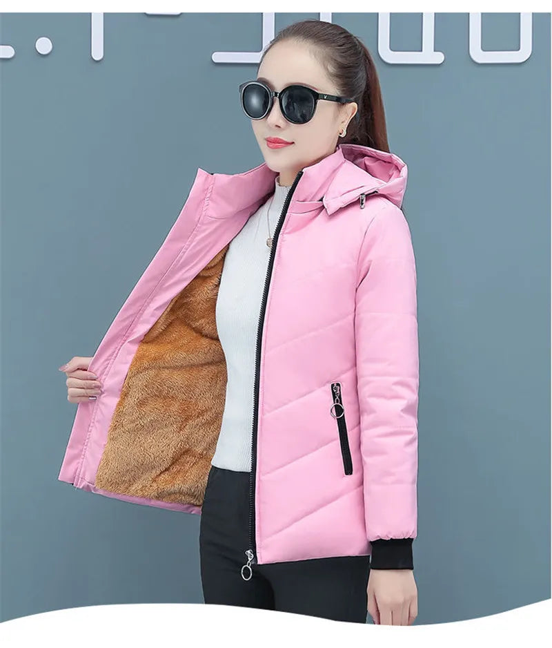 2025 New Women Add Velvet Cotton Jacket Female Winter Fleece Warm Hood Fashion Coat Ladies Down Padded Jackets M- 5XL Coat