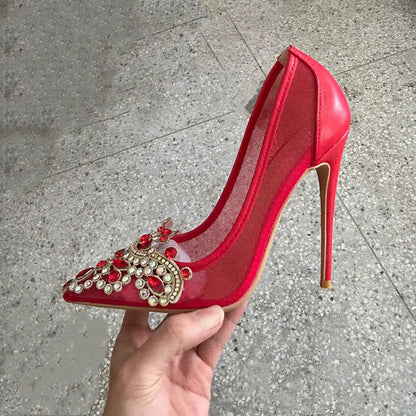 New Design Red Diamond Sexy 12cm 10cm Woman High Heels Pointed Toe Shallow Stilettos Pumps Lace Breathable Wedding Party Shoes
