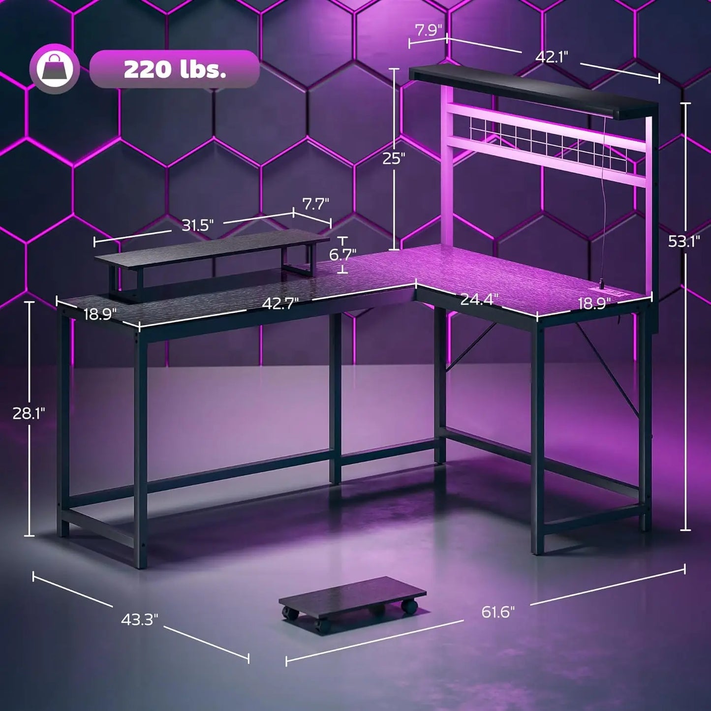 Gaming Desk, 62" L Shaped Desk with Power Outlets & LED Lights, 86" 2 Person Computer Table with Shelf & Rolling CPU Stand