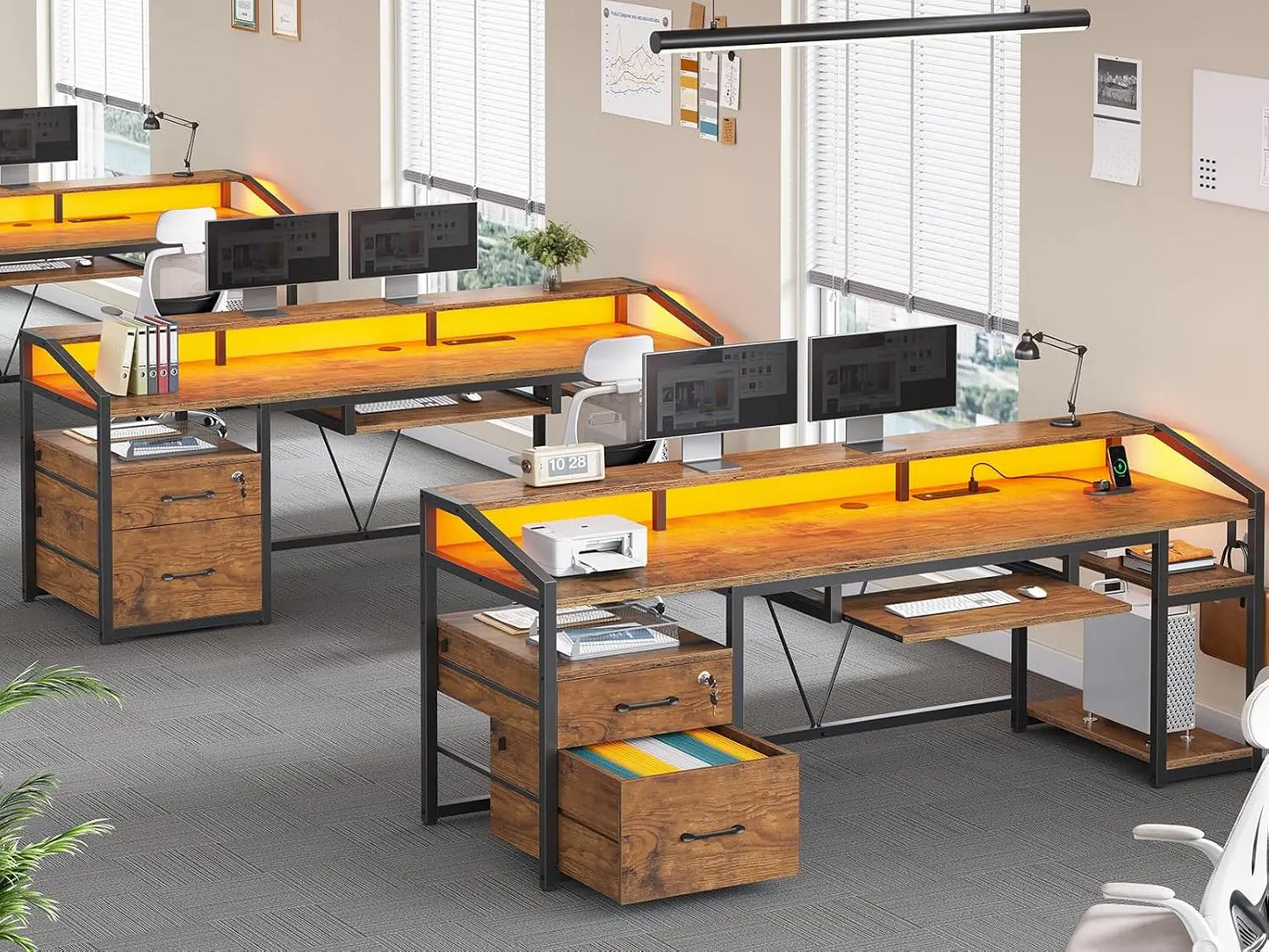 63" Computer Desk, Office Desk with Lock Drawers for Legal/Letter File, Gaming Desk with LED Light & Power Outlet,, Customized