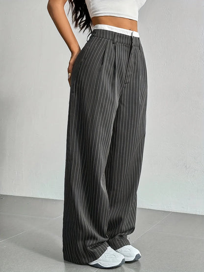 Fashion Pants Women's Stripe Straight Pants 2024 Autumn Winter High Waisted Casual Suit Pants Office Lady Women Trousers Bottoms