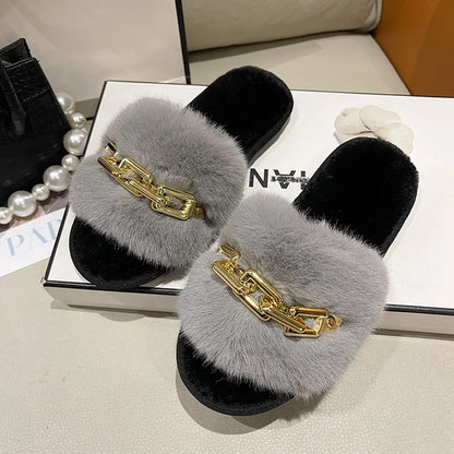 Fluffy Women's Slippers Home Winter Chain Luxury Designer Woman Shoes Plush Indoor Casual Platform Fuzzy Fur Slides Elegant New
