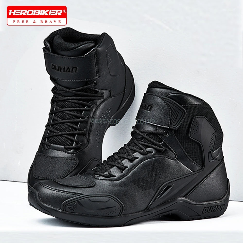 DUHAN  Motorcycle Boots Male Boots for Men Motocross Waterproof Anti Slip Fall Prevention Mid Top Leather Cycling Riding Shoes
